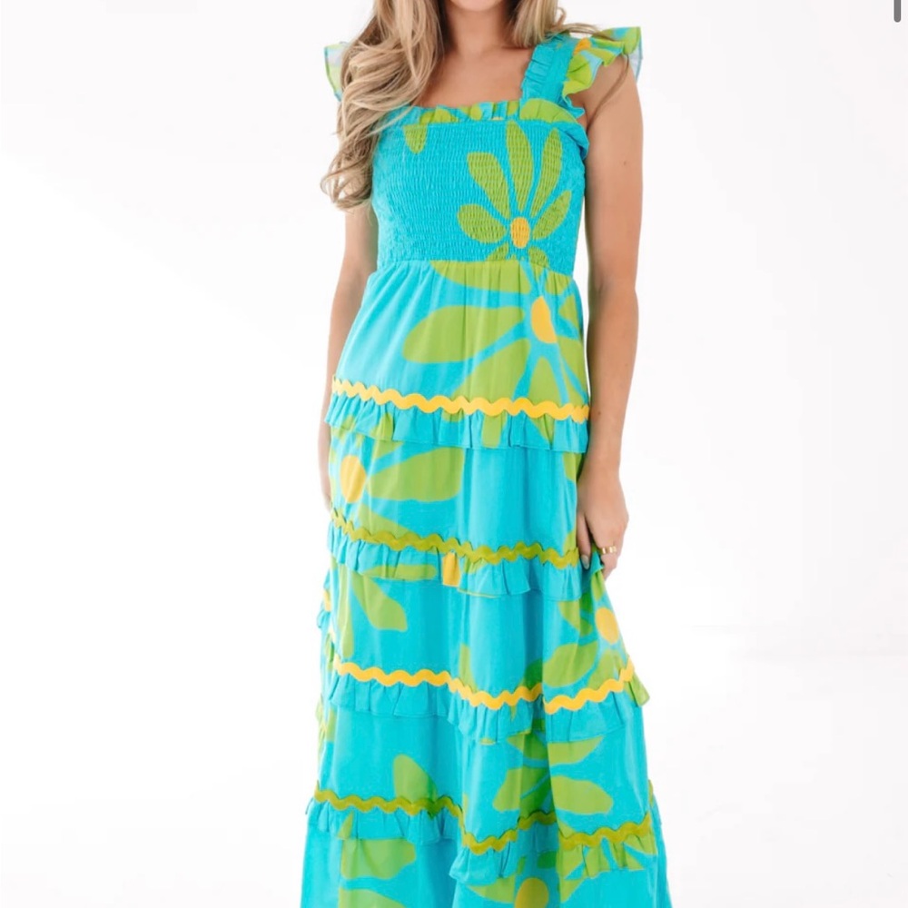J Marie Indi Tier Ric Rac Midi Dress Aqua